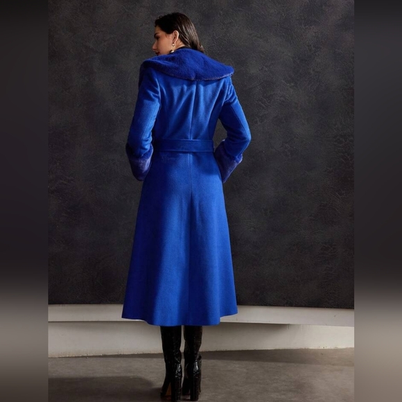 WOOL-BLEND FAUX FUR FUZZY CUFF OVERCOAT Winter Coat Outerwear - Picture 6 of 11